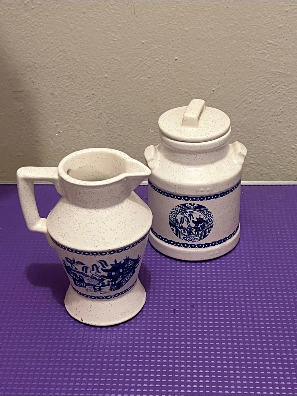 Blue and White Ceramic Pitcher and Canister Set USA